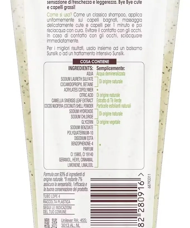 Blue bottle of Sunsilk Natural Recharge 1-Minute Scrub Detox Shampoo (200ml) with scrub particles visible. Text highlights "silicone-free" formula.
