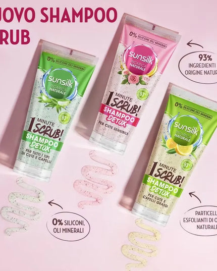 Blue bottle of Sunsilk Natural Recharge 1-Minute Scrub Detox Shampoo (200ml) with scrub particles visible. Text highlights "silicone-free" formula.