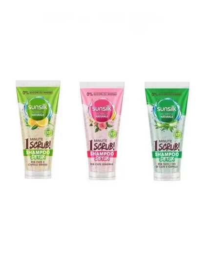 Blue bottle of Sunsilk Natural Recharge 1-Minute Scrub Detox Shampoo (200ml) with scrub particles visible. Text highlights "silicone-free" formula.