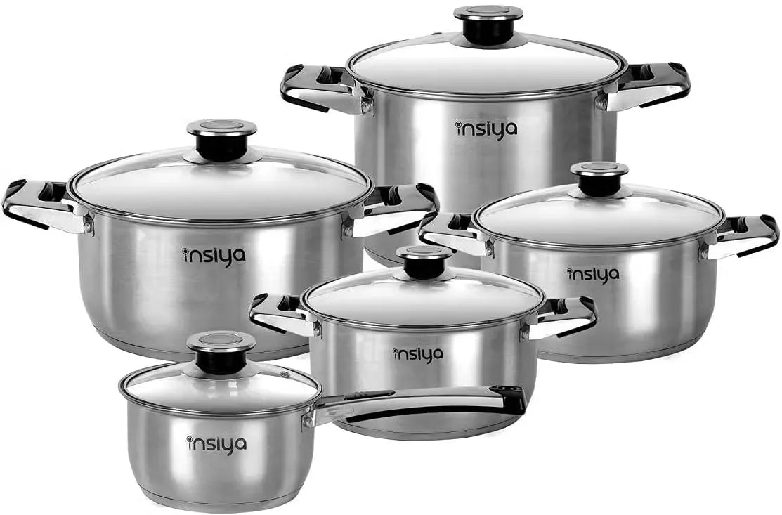 Insiya 10-piece stainless steel cookware set for confident cooking. Master every meal with this versatile and stylish cookware set. Durable and easy-to-clean pots and pans for everyday use. Includes: list items (pots, pans, lids, etc.) High-quality stainless steel construction for even heat distribution. Highlight specific pieces in the set, like a large casserole dish.