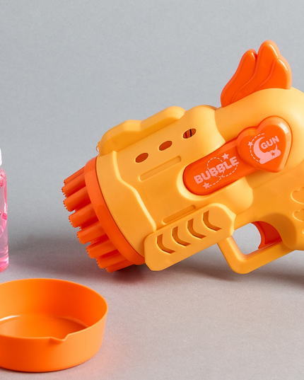 Bubble Blower Toy Gun Set – Automatic Bubble Maker Machine for Kids – 2-in-1 Summer Outdoor Fun Toy with Soap Solution – Yellow & Orange