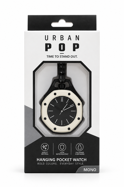 Urban Pop black hanging pocket watch with white octagonal bezel in retail box