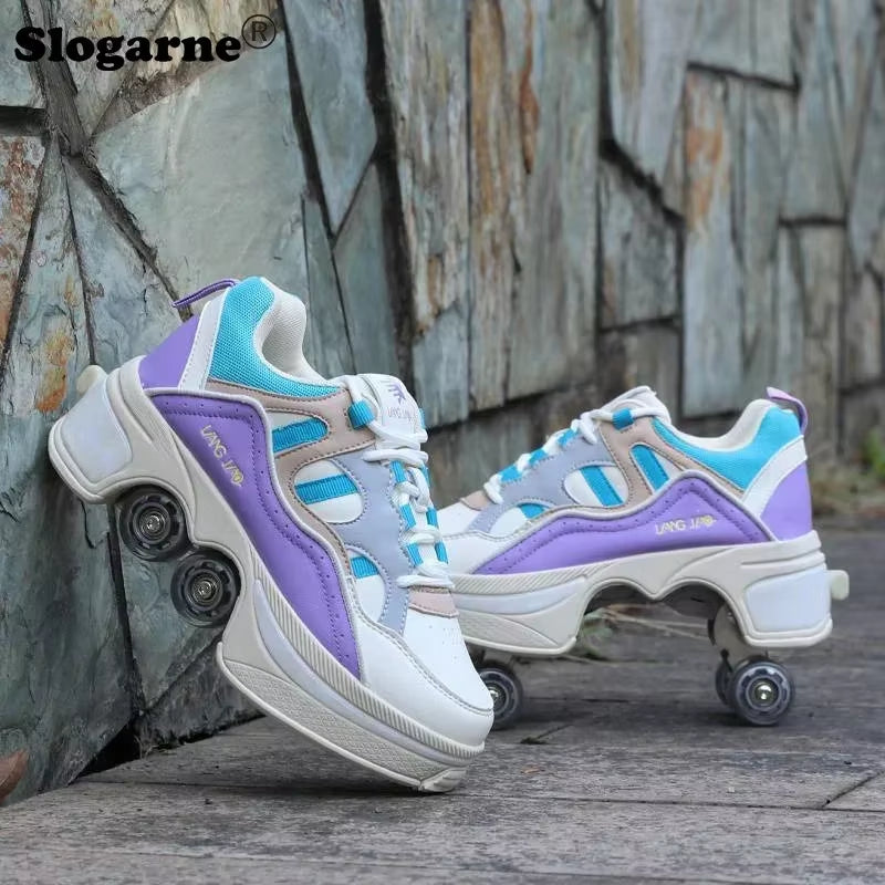 Boy Four Wheels Skate Shoes Double Rows Roller Men Inline Skates Walking Casual Sports Sneakers Kids' Deformation Roller Skates