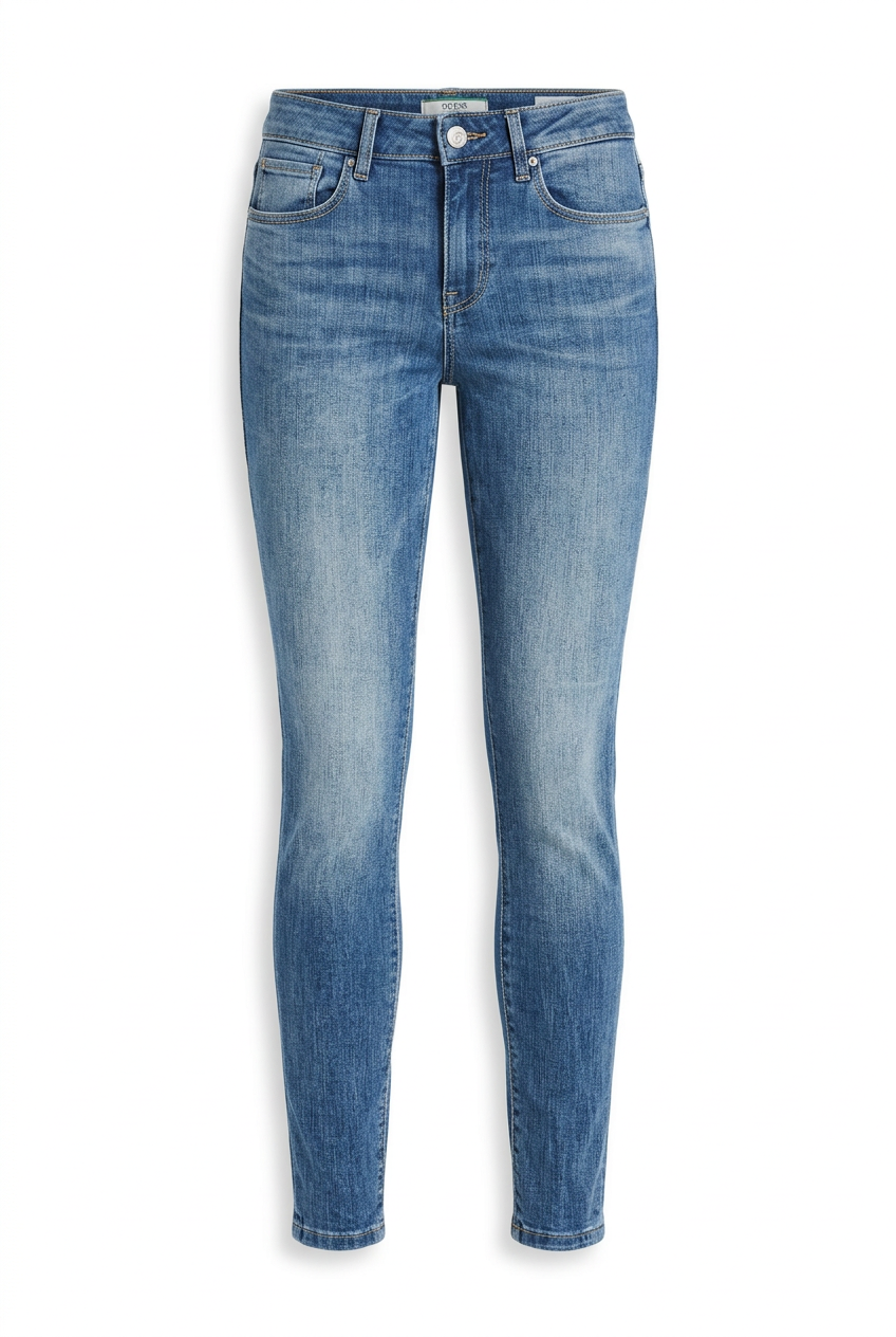 Guess women's mid-rise blue jeggings with faded wash, front view on white background