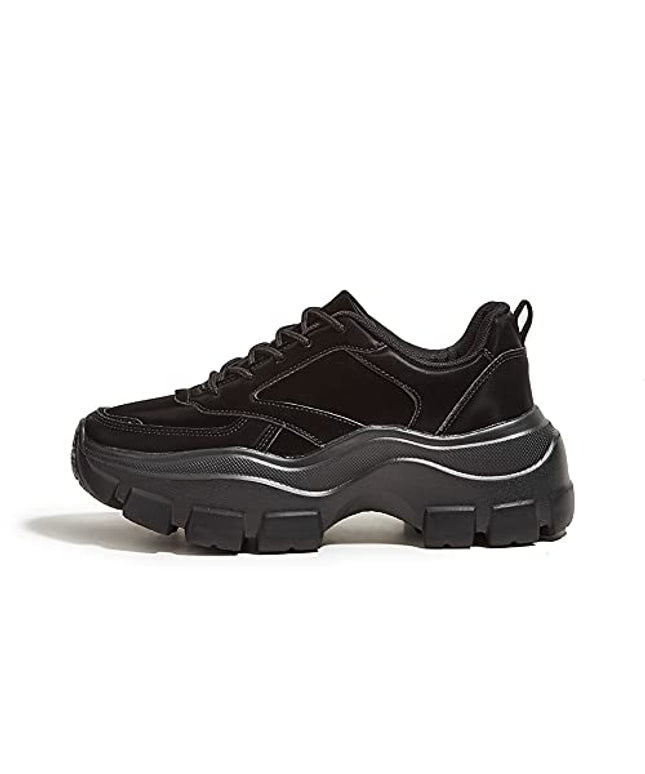 SIZE: 39 - LUCKY STEP Women Chunky Platform Dad Colorblock White Neon Green Fuchsia Hologram Silver Casual Lace-Up Walking Sneakers(Black with Chain,7 B(M) US)