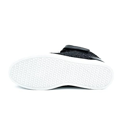 White sole of Wooowyet glitter high-top sneaker, bottom view