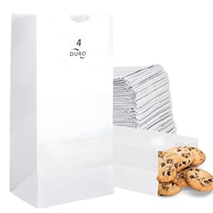 Duro 4# White Paper Lunch Bags – 100-Pack Bulk Disposable Kraft Paper Snack Bags | Small SOS Flat-Bottom Bags for Popcorn, Candy, Lunch & Treats (5" x 3.12" x 9.75")