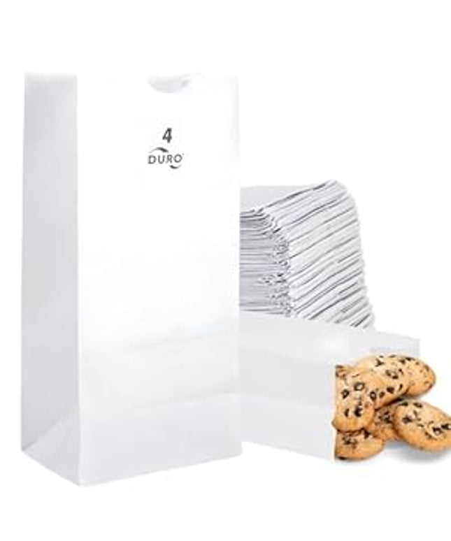 Duro 4# White Paper Lunch Bags – 100-Pack Bulk Disposable Kraft Paper Snack Bags | Small SOS Flat-Bottom Bags for Popcorn, Candy, Lunch & Treats (5" x 3.12" x 9.75")