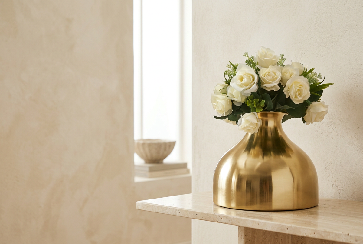 Modern Dome Gold Metallic Vase with Faux White Rose Bouquet