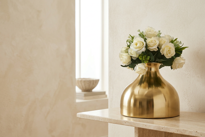 Modern Dome Gold Metallic Vase with Faux White Rose Bouquet