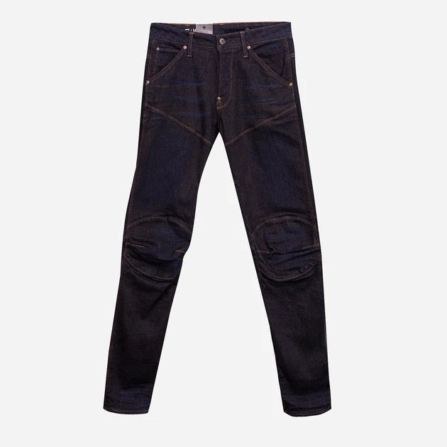 Front view of dark blue slim fit jeans with five pockets on a white background