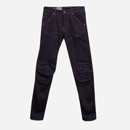 Front view of dark blue slim fit jeans with five pockets on a white background