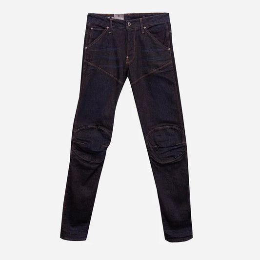 Front view of dark blue slim fit jeans with five pockets on a white background