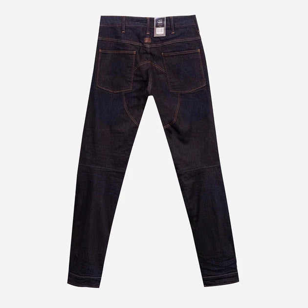 Front view of dark blue jeans featuring a button closure and five pockets on a white background