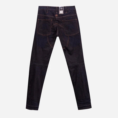 Front view of dark blue jeans featuring a button closure and five pockets on a white background