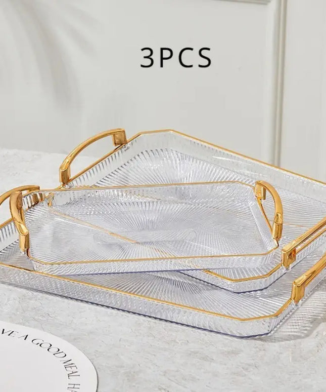 3pcs Phnom Penh Transparent Plastic Fruit Tray Set with Handles - Uncharged Rectangular Serving Platters for Food and Candy Display - Includes Large, Medium, Small Sizes