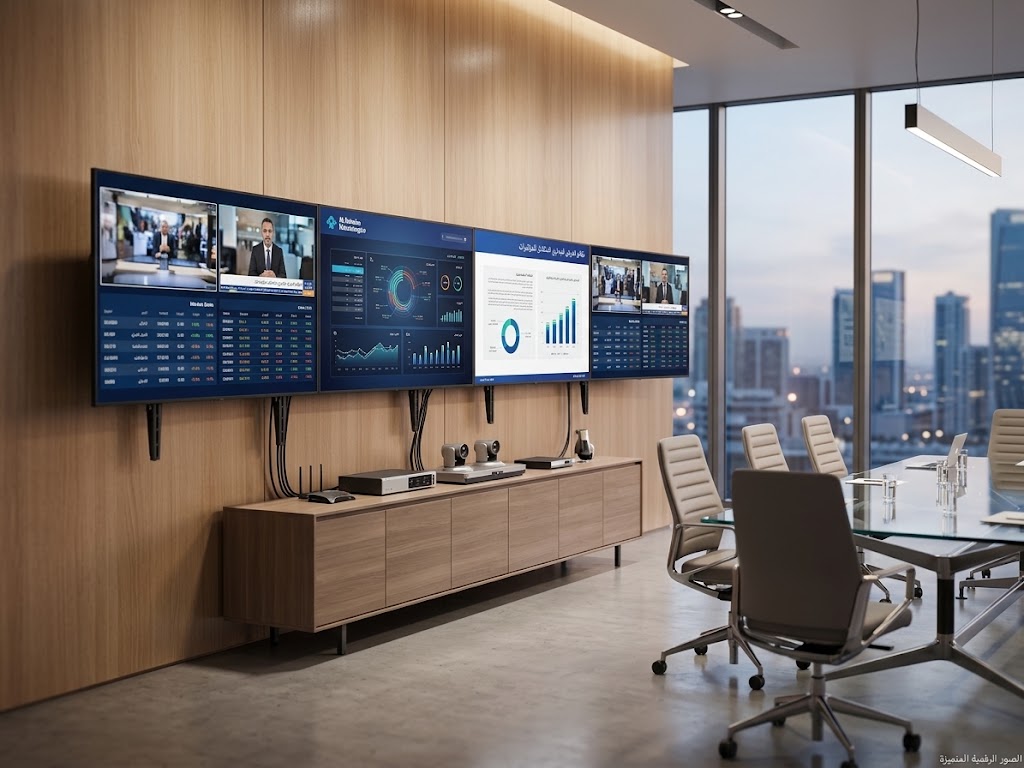 Vogel's PFA 9050 dual display adapter shown in video conference room setup
