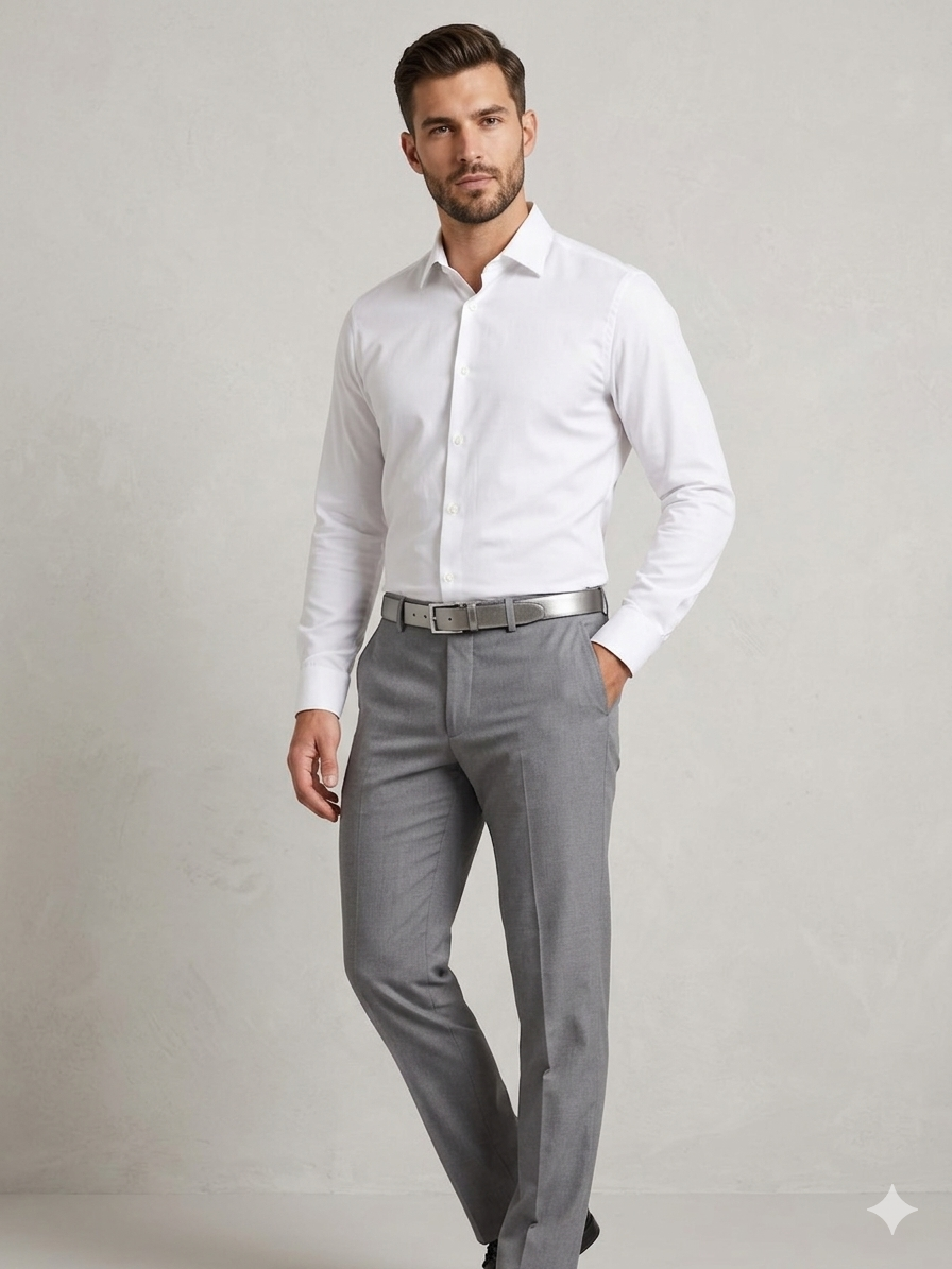 Man wearing Tommy Hilfiger grey trousers with white shirt