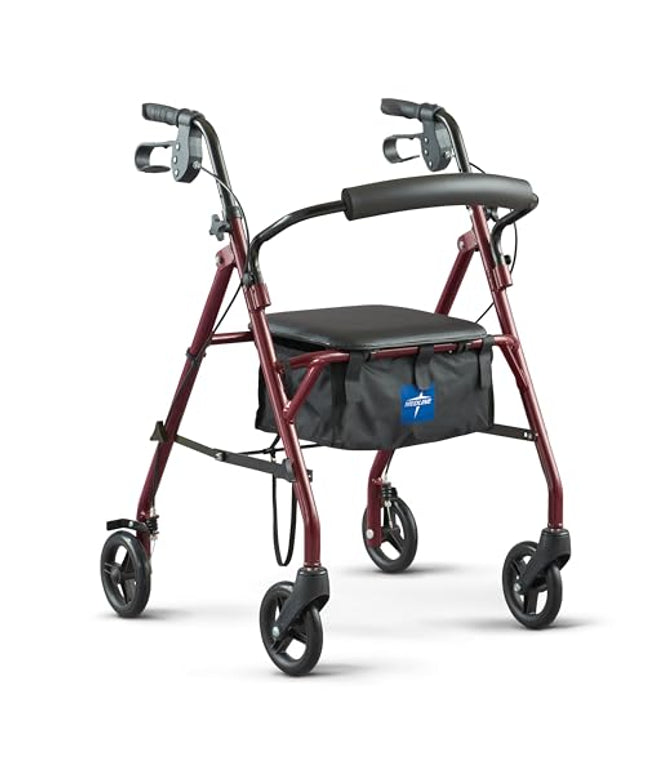 Medline Rollator Walker with Seat, Steel Rolling Walker with 15.24 cm Wheels Supports up to 159 kg, Burgundy ( tag missing parts Bluky )