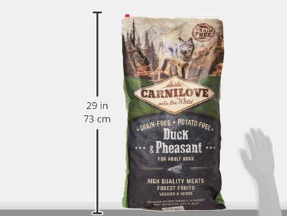 Carnilove duck and pheasant dog food bag with height scale