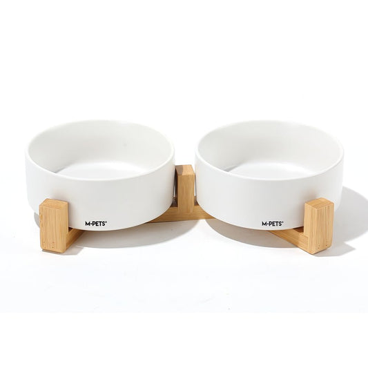 M-Pets Opera Ceramic Bowls With Bamboo Stand - White, 2 × 850Ml