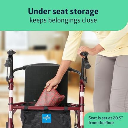 Medline Rollator Walker with Seat, Steel Rolling Walker with 15.24 cm Wheels Supports up to 159 kg, Burgundy ( tag missing parts Bluky )