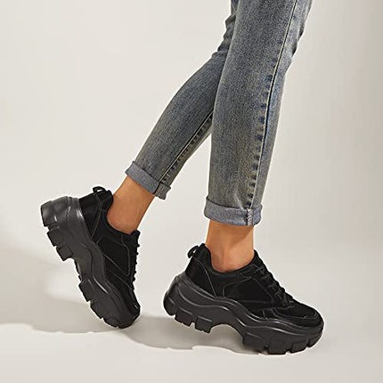 SIZE: 39 - LUCKY STEP Women Chunky Platform Dad Colorblock White Neon Green Fuchsia Hologram Silver Casual Lace-Up Walking Sneakers(Black with Chain,7 B(M) US)