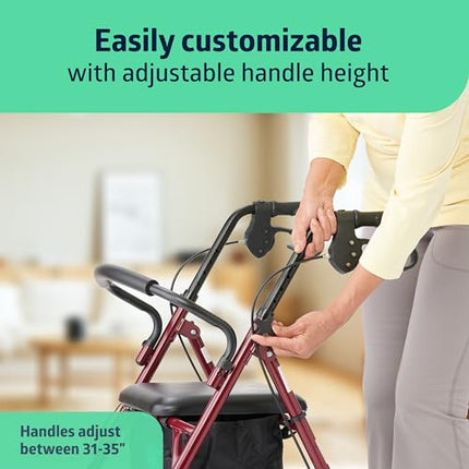 Medline Rollator Walker with Seat, Steel Rolling Walker with 15.24 cm Wheels Supports up to 159 kg, Burgundy ( tag missing parts Bluky )