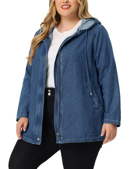 SIZE: 3XL - Agnes Orinda Women's Plus Size Layered Drawstring Hood Denim Utility Jacket with Pockets Blue