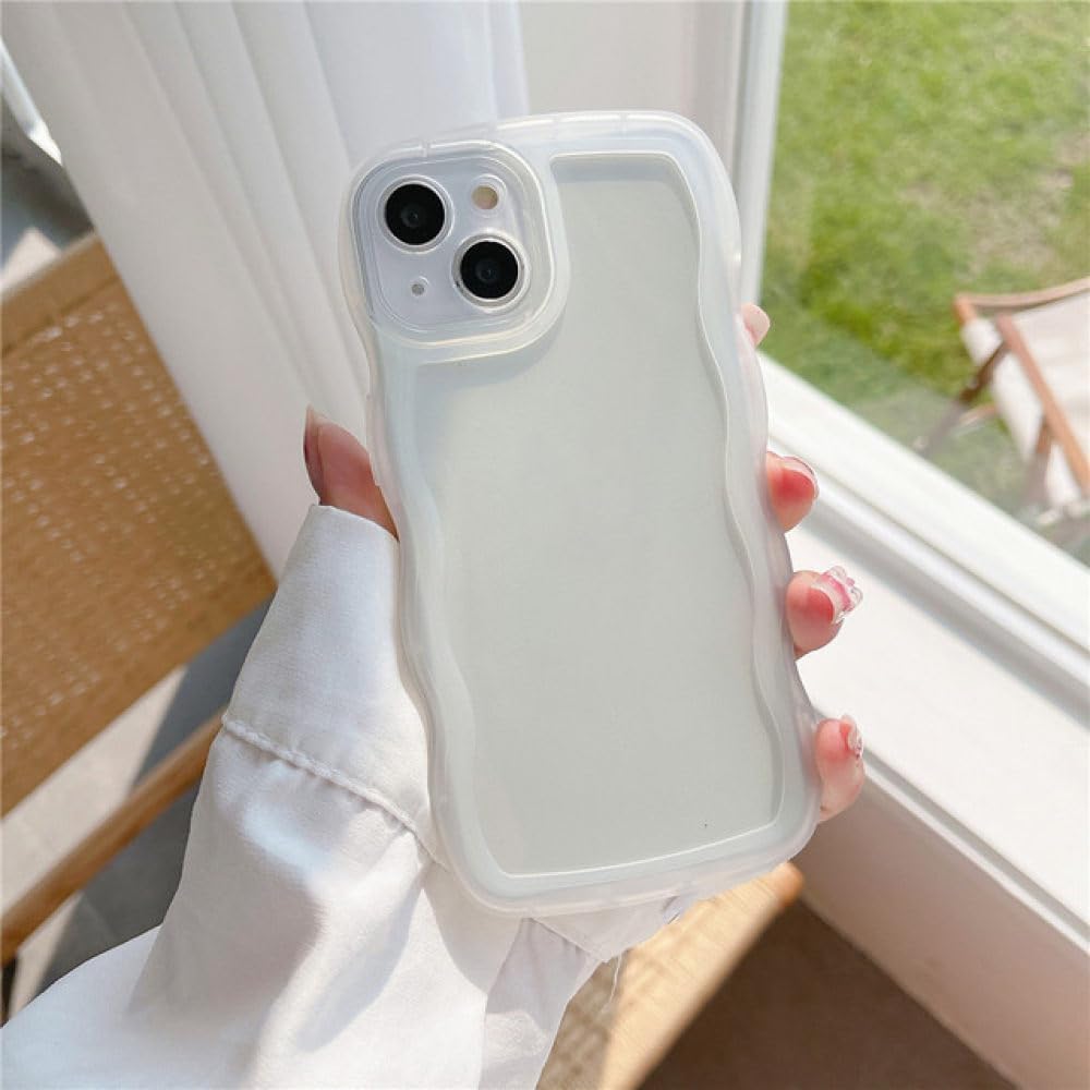 JETech clear wavy bumper case on iPhone 15 Plus held by a window