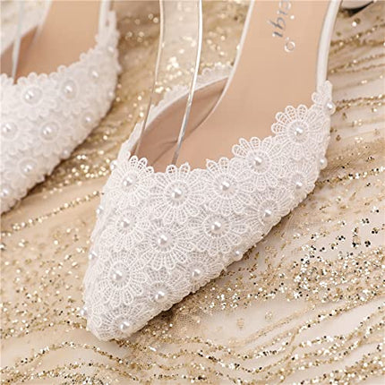 SIZE 40 - Yihongmeiqi Women White Low Heel Toe Pumps Pointy Wedding Bridal Shoes Lace Pearls Party Shoes