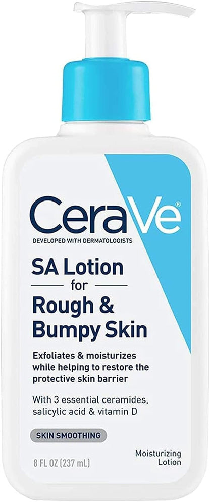 A pump bottle of CeraVe SA Lotion for Rough & Bumpy Skin, with labels indicating its use, ingredients like Vitamin D and Hyaluronic Acid, and its fragrance-free and allergy-tested qualities.
