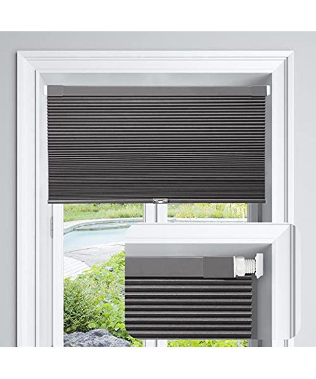 LazBlinds Cordless Cellular Shades, No Tools No Drill Blackout Honeycomb Shades Pleated Blinds for Windows, 25" W x 64" H, Midnight Black