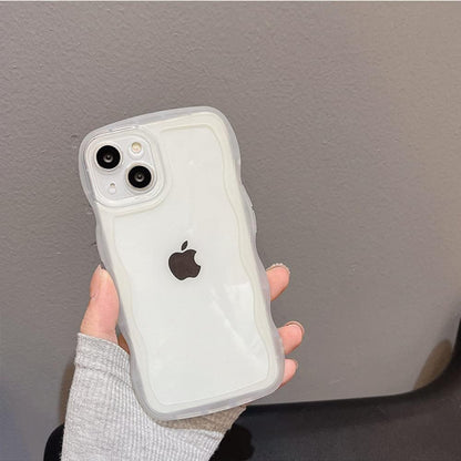 Hand holding iPhone 15 Plus in JETech clear wavy case