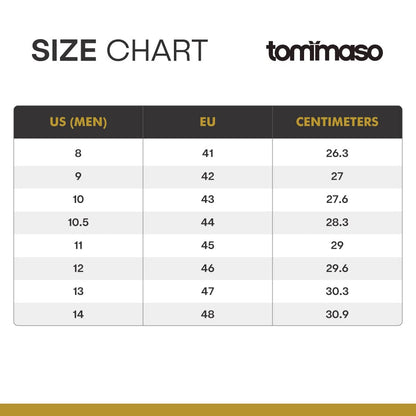 Tommaso men's cycling shoe size chart in US, EU and cm