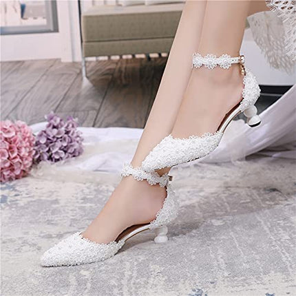 SIZE 40 - Yihongmeiqi Women White Low Heel Toe Pumps Pointy Wedding Bridal Shoes Lace Pearls Party Shoes