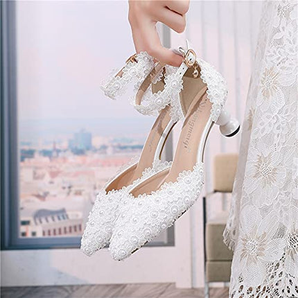 SIZE 40 - Yihongmeiqi Women White Low Heel Toe Pumps Pointy Wedding Bridal Shoes Lace Pearls Party Shoes