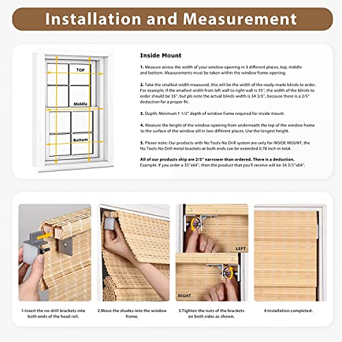 LazBlinds No Tools No Drill Cordless Bamboo Roman Shades