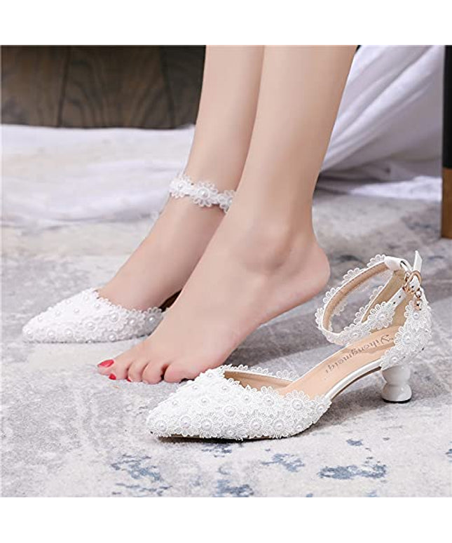 SIZE 40 - Yihongmeiqi Women White Low Heel Toe Pumps Pointy Wedding Bridal Shoes Lace Pearls Party Shoes