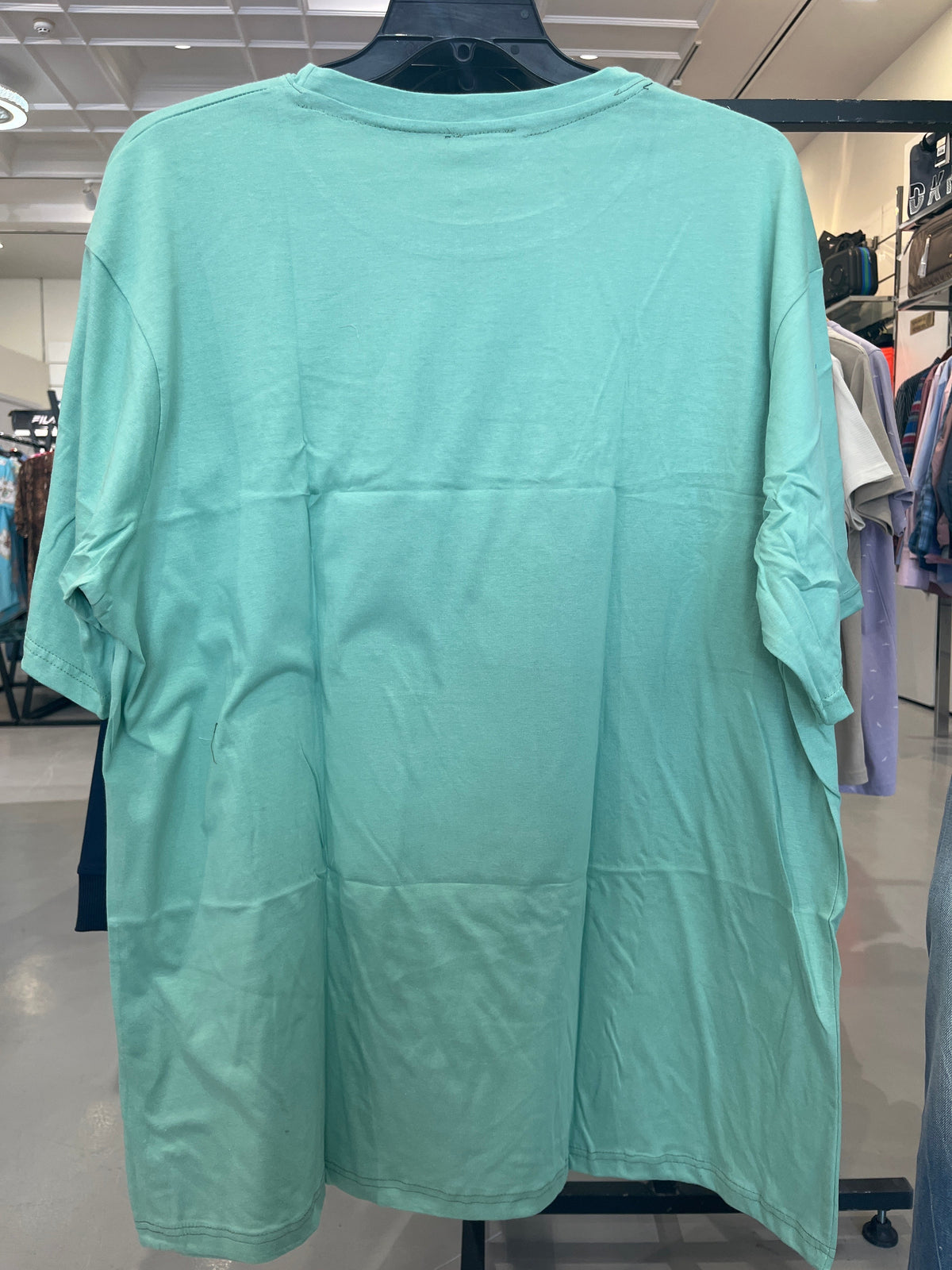 BS Style mint green oversized t-shirt, back view on hanger