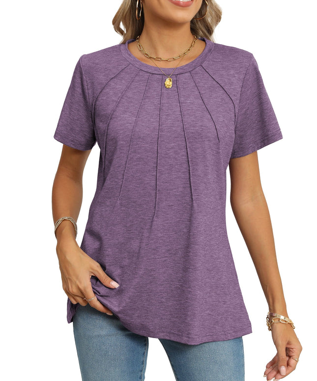 SIZE: M - Rosvigor Blouses for Women Short Sleeve Shirts Casual Dressy Summer Tops with Pleats