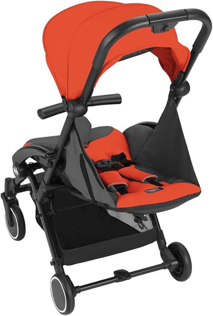CAM Cubo red stroller with canopy, angled view