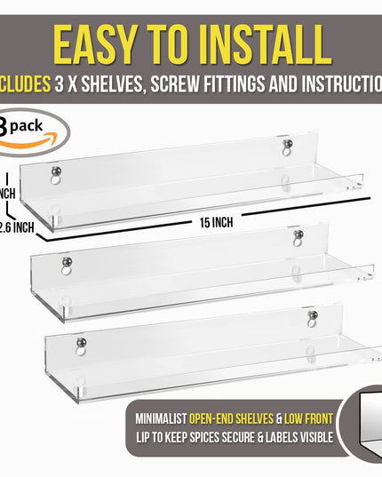 Pretty Display Wall Mounted Spice Rack Shelves [3-Pack] - Clear