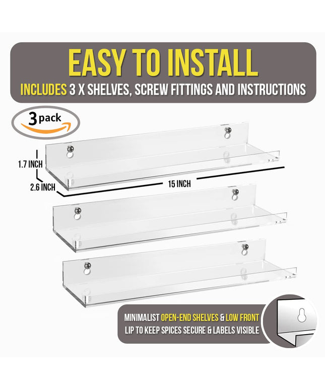 Pretty Display Wall Mounted Spice Rack Shelves [3-Pack] - Clear