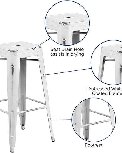 Flash Furniture Kai Commercial Grade 30" High Backless Distressed White Metal Indoor-Outdoor Barstool