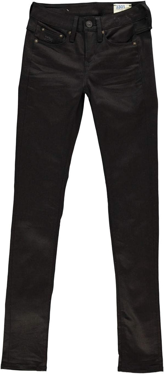 Front view of black skinny fit jeans featuring five pockets on a white background