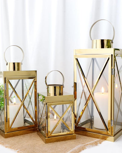 TRIROCKS Gold Stainless Steel Lantern Set of 3-Square Elegance 20 / 30 / 40 cm