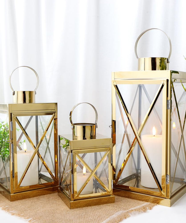 TRIROCKS Gold Stainless Steel Lantern Set of 3-Square Elegance 20 / 30 / 40 cm