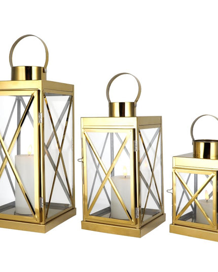 TRIROCKS Gold Stainless Steel Lantern Set of 3-Square Elegance 20 / 30 / 40 cm