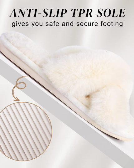 SIZE: 38-39 - Women's Cross Band Slippers Soft Plush Furry Cozy Open Toe House Shoes Indoor Outdoor Faux Rabbit Fur Warm Comfy Slip On Breathable (off-white)